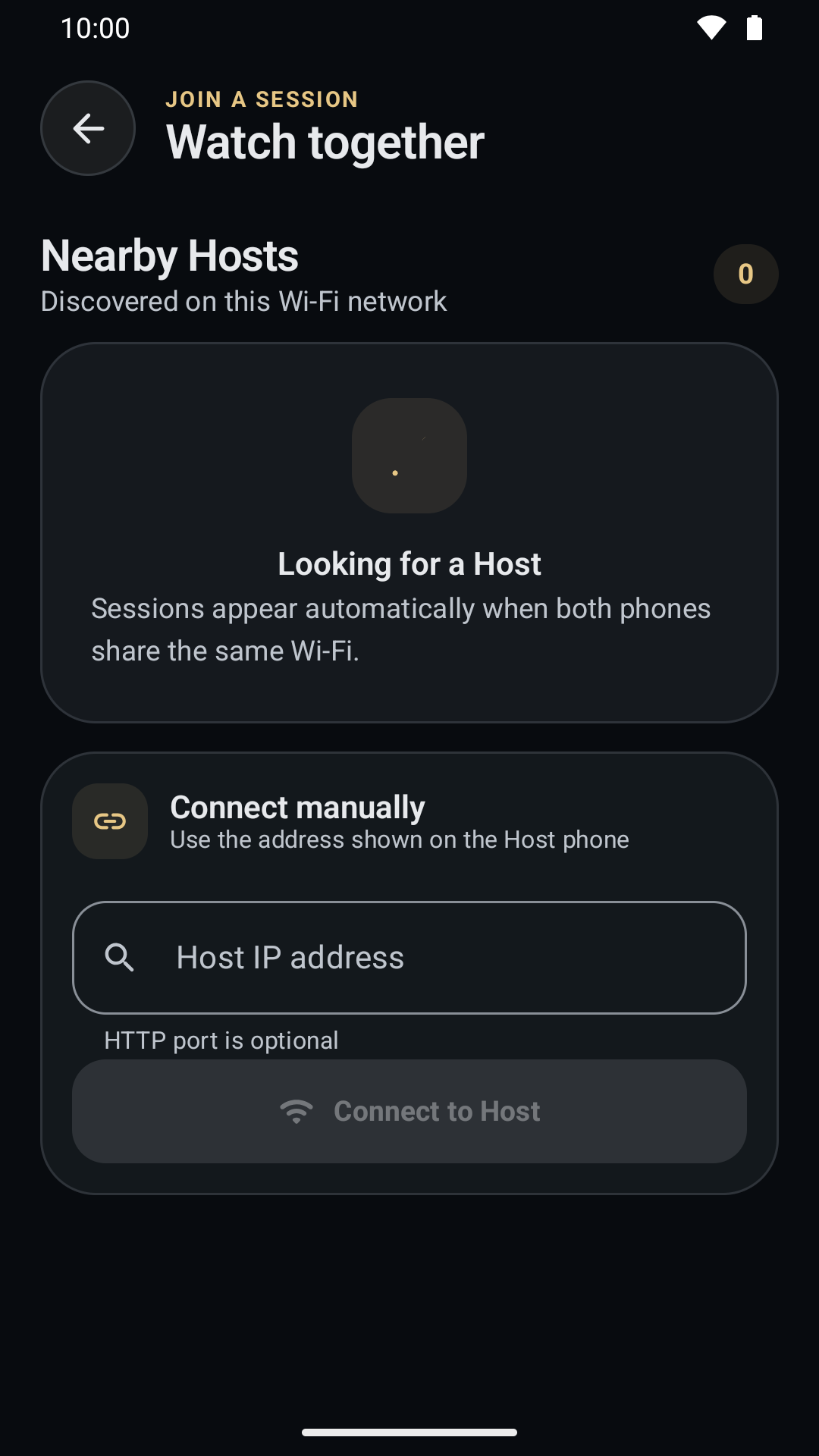 Join screen searching for nearby Hosts with a manual local-address connection panel