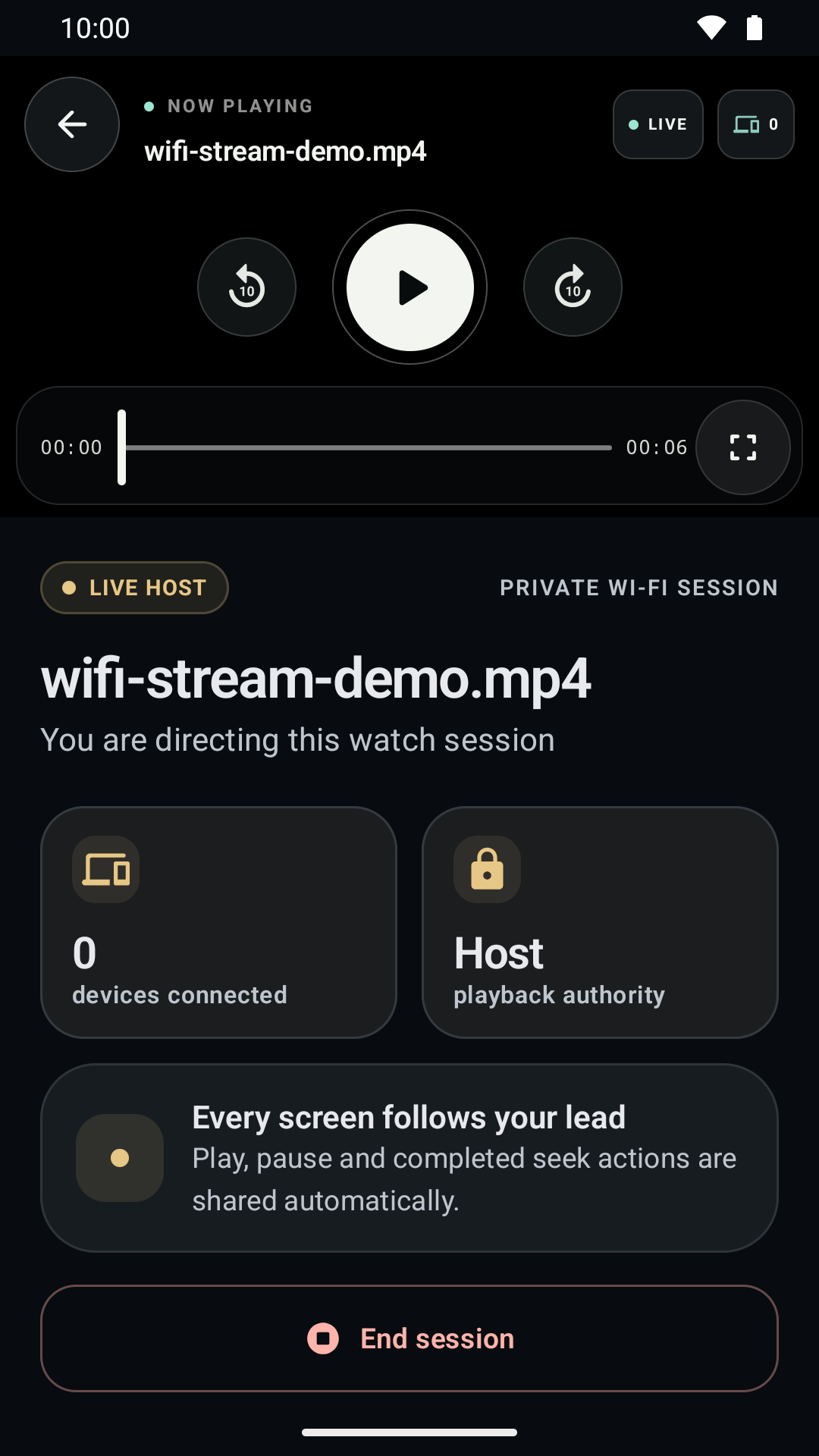 Host control screen for a demo clip with playback controls, connected-device count, and session leadership
